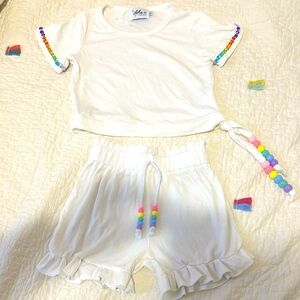 Lola + The Boys White Ruffle Shorts Set with Rainbow Bead Accents